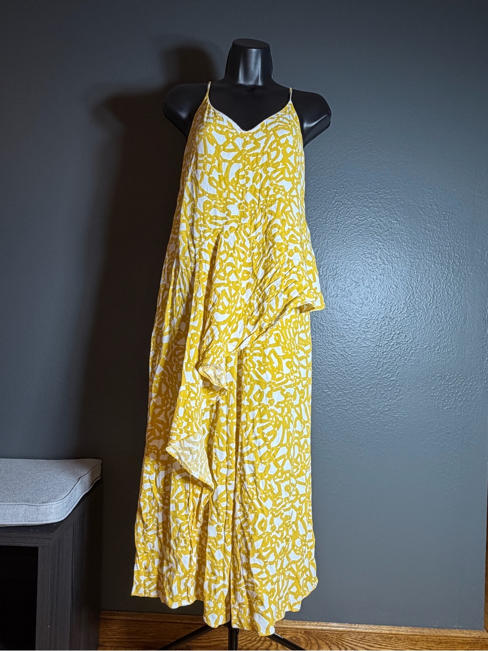 Maeve Yellow & White Asymmetrical Spaghetti-Strap Maxi Dress